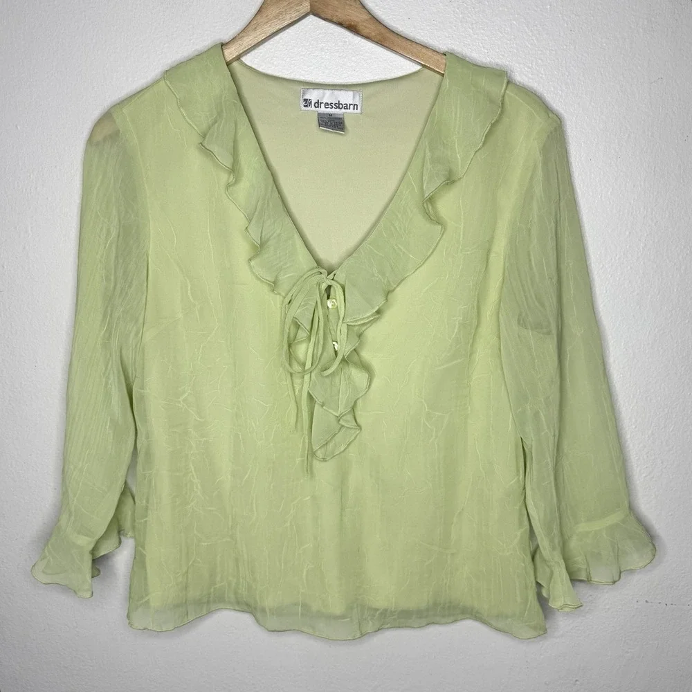 Y2K Dressbarn Light Green Ruffle V-neck Fairycore Top Women's Medium‎ Blouse